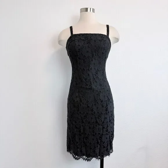 Vintage Lace Black Mini Dress Bodycon 90s Extra Small XS Red Fringe - Picture 2 of 7